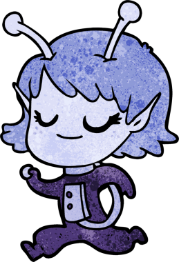 Bir insan tarafından çizilmiş gülümseyen uzaylı kız çizgi filmi.