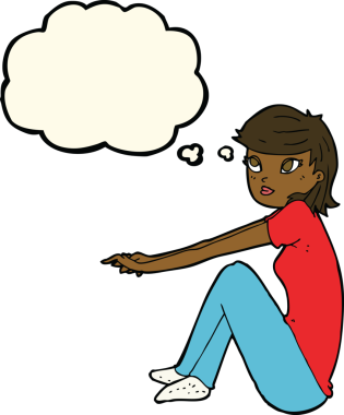 Bir insan tarafından çizilmiş düşünce baloncuğuyla oturan güzel kız.