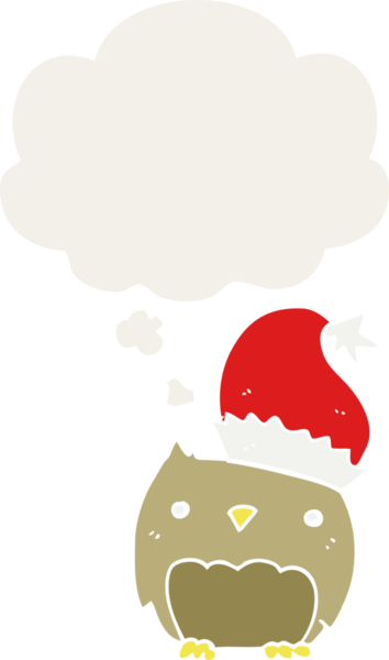 Bir insan tarafından çizilmiş düşünce baloncuğu olan sevimli noel baykuşu.