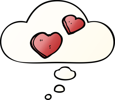 insan tarafindan çizilmis, dusunce baloncugu olan karikatür ask kalpleri.