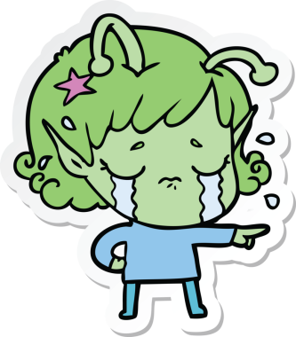 Bir insan tarafından çizilmiş ağlayan uzaylı bir kızın çıkartması.