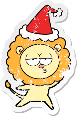 Bir insan tarafından çizilmiş Noel Baba şapkası giymiş canı sıkkın bir aslanın el çizimi çıkartması.