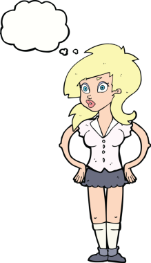 Bir insan tarafından çizilmiş düşünce baloncuğu olan güzel bir kadın.