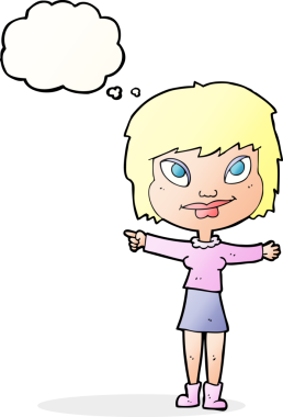 Bir insan tarafından çizilmiş düşünce balonuyla işaret eden çizgi film kadını.