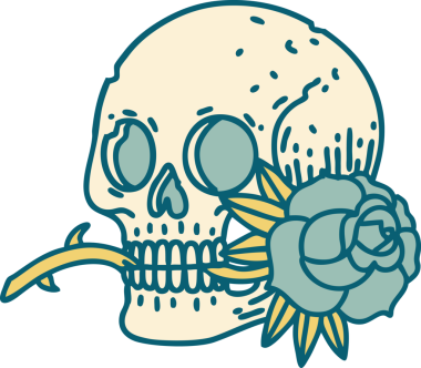 Bir insan tarafından çizilmiş bir kafatası ve gülün ikonik dövme şekli