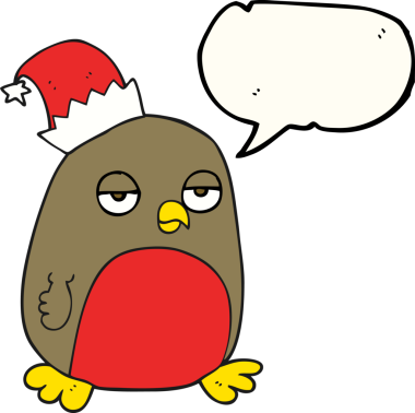 Bir insan tarafından çizilmiş Noel şapkası giyen serbest konuşma balonu karikatürü Robin.