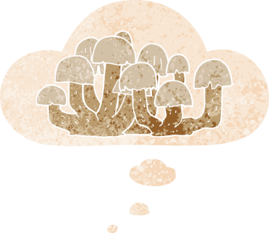 Düşünce baloncuklu çizgi film mantarı grunge sıkıntılı retro desen bir insan tarafından çizilmiş