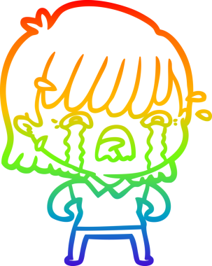 Gökkuşağı gradyan çizimi bir insan tarafından çizilmiş ağlayan bir çizgi kız çizimi