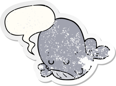 Konuşma baloncuğu olan karikatür balinası bir insan tarafından çizilmiş sıkıntılı eski bir çıkartma