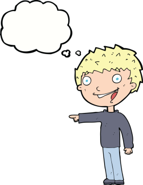 Bir insan tarafından çizilmiş düşünce baloncuğuyla gülen mutlu çocuk.