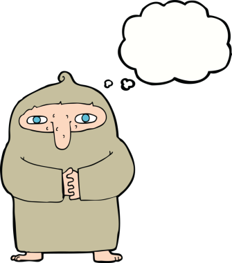 Bir insan tarafından çizilmiş düşünce kabarcığı olan cüppeli bir keşiş.