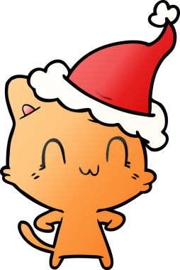 Noel Baba şapkası takan mutlu bir kedinin insan tarafından çizilmiş el çizimi karikatürü.