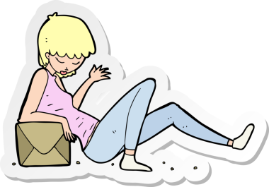 Bir insan tarafından çizilmiş paket kutusuna yaslanmış bir karikatür kadının çıkartması.