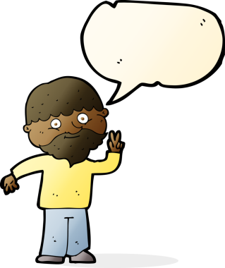 Bir insan tarafından çizilmiş konuşma balonuyla barış işareti yapan çizgi film adamı.