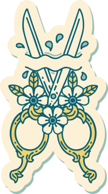 Bir insan tarafından çizilmiş geleneksel makas ve çiçek stili dövme çıkartması.