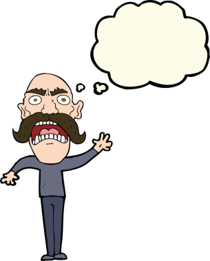 Bir insan tarafından çizilmiş düşünce baloncuğu olan kızgın yaşlı bir adam.