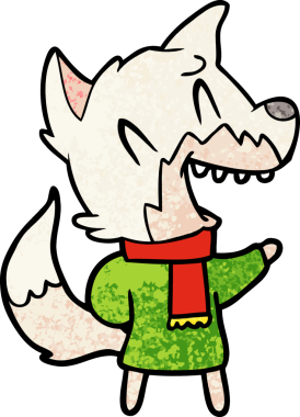 Bir insan tarafından çizilmiş kışın giyilen gülen tilki.