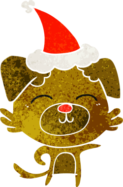 Bir insan tarafından çizilmiş Noel Baba şapkası takan bir köpeğin eski çizgi filmi.