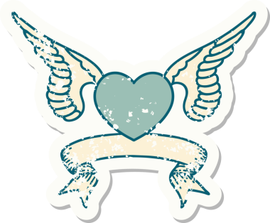 Bir insan tarafından çizilmiş kanatlı bir kalbin bayrağını taşıyan eski bir etiket.