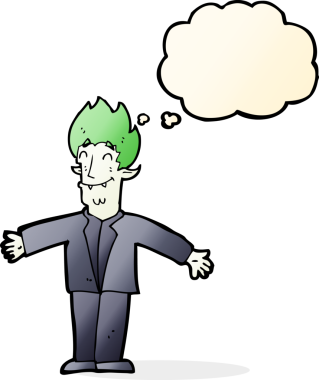 Bir insan tarafından çizilmiş düşünce balonlu mutlu vampir çizgi filmi.