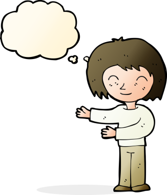 Bir insan tarafından çizilmiş düşünce balonuyla el kol hareketi yapan karikatür kadını.