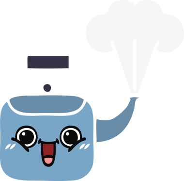 Bir insan tarafından çizilen dumanı tüten bir çaydanlığın düz renkli retro karikatürü