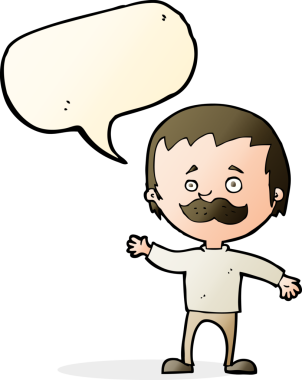 Bir insan tarafından çizilmiş konuşma baloncuğuyla bıyıklı çizgi film adamı.