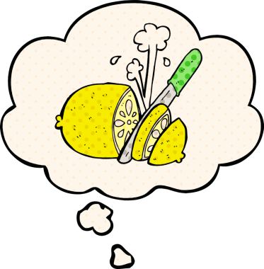 Karikatür dilimlenmiş limon ve bir insan tarafından çizilmiş çizgi roman tarzı düşünce balonu.