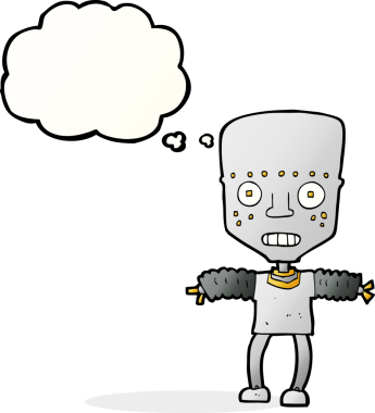 Bir insan tarafından çizilmiş düşünce baloncuklu çizgi film robotu