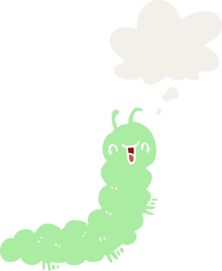 Düşünce baloncuğu olan çizgi film tırtılları insan tarafından çizilmiş.