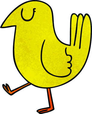 Bir insan tarafından çizilmiş tuhaf bir çizgi film sarı kuş.