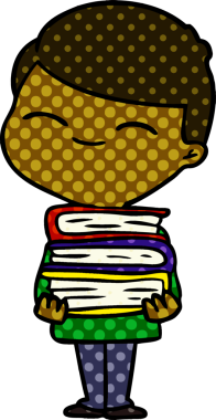 Bir insan tarafından çizilmiş kitap yığınıyla gülümseyen çocuk.