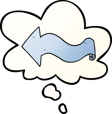 bir insan tarafından çizilmiş yumuşak eğimli düşünce baloncuklu çizgi film oku