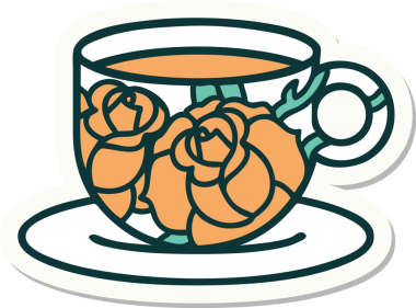 Geleneksel bir kupa stili dövme çıkartması ve bir insan tarafından çizilmiş çiçekler.