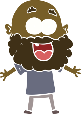 Düz renkli çizgi film. Bir insan tarafından çizilmiş sakallı çılgın mutlu adam.