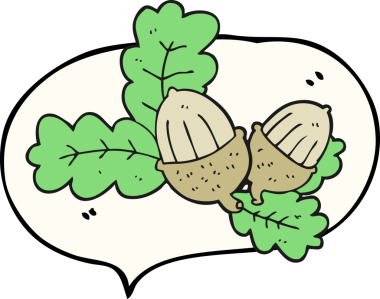 Serbest konuşma balonu karikatür meşe palamudu ve bir insan tarafından çizilmiş yapraklar