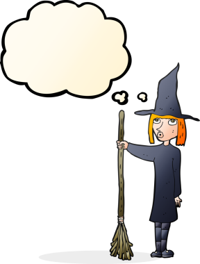 Bir insan tarafından çizilmiş düşünce baloncuklu çizgi film cadısı.