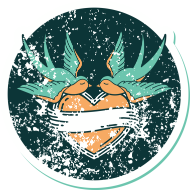 Kederli sembolik dövme stili kırlangıçlar ve bir insan tarafından çizilmiş sancaklı kalp.