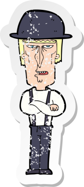 Bir insan tarafından çizilmiş şapkalı bir çizgi film karakterinin gerilimli çıkartması.