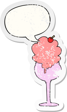 Konuşma baloncuğu olan karikatür dondurma çölü bir insan tarafından çizilmiş sıkıntılı eski bir çıkartma