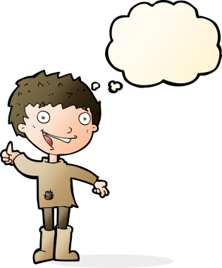 Bir insan tarafından çizilmiş düşünce baloncuğu olan heyecanlı çocuk.