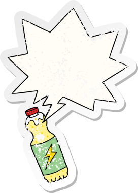 Konuşma baloncuğu olan karikatür soda şişesi bir insan tarafından çizilmiş sıkıntılı eski bir çıkartma.