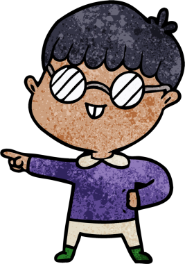 Bir insan tarafından çizilmiş gözlük takan çizgi film çocuğu.