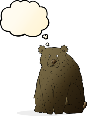 Bir insan tarafından çizilmiş düşünce baloncuklu komik siyah ayı.