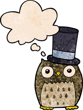 Bir insan tarafından çizilmiş grunge desenli düşünce baloncuklu silindir şapka giyen baykuş.