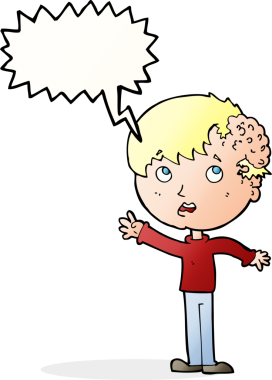 Bir insan tarafından çizilmiş konuşma baloncuğuyla kafasında büyüyen çizgi film çocuğu.