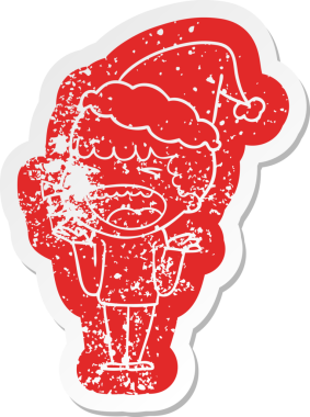 Bir insan tarafından çizilmiş Noel Baba şapkası takan bir adamın garip karikatürü.