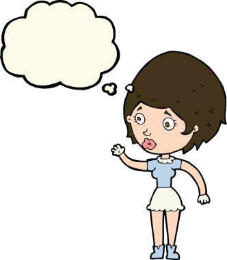 Bir insan tarafından çizilmiş düşünce baloncuğuyla el sallayan çizgi film kadını.