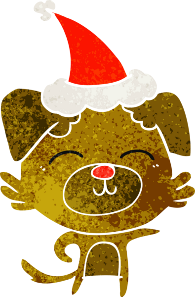 Bir insan tarafından çizilmiş Noel Baba şapkası takan bir köpeğin eski çizgi filmi.