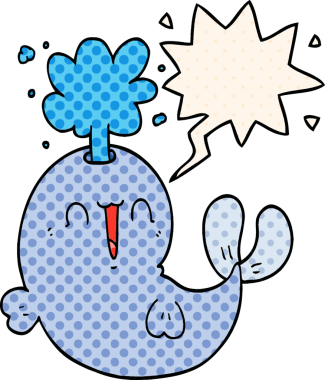 Çizgi roman tarzında bir insan tarafından çizilmiş balina konuşma balonuyla su püskürtüyor.